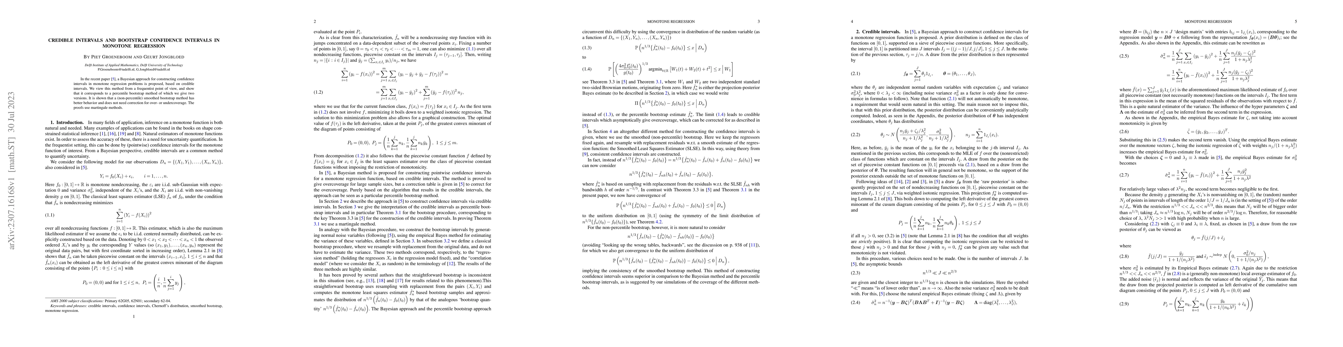 Thumbnail for Credible intervals and bootstrap confidence intervals in monotone
  regression