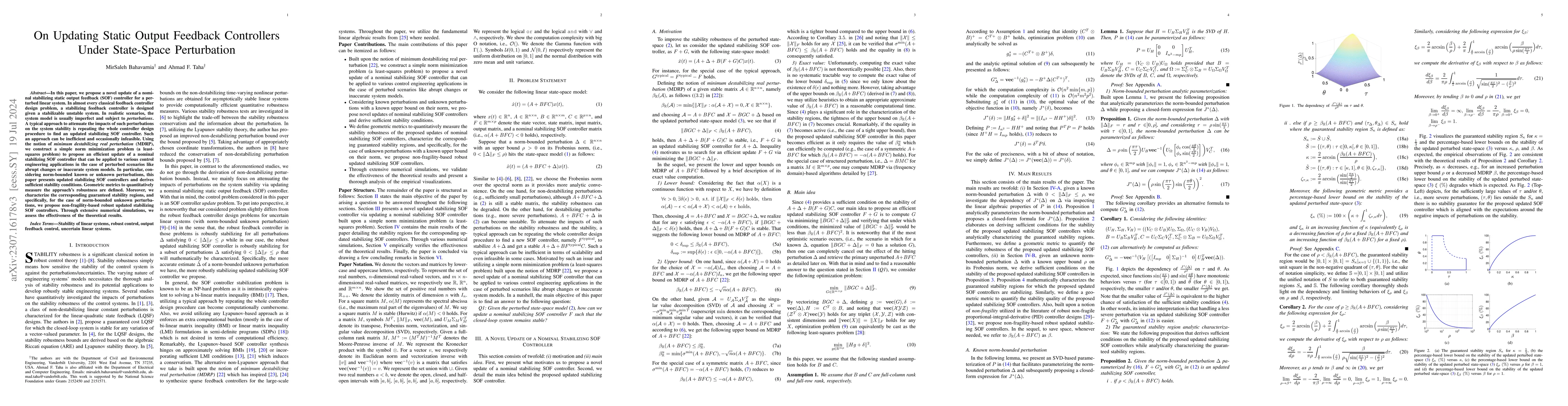 Thumbnail for On Updating Static Output Feedback Controllers Under State-Space
  Perturbation