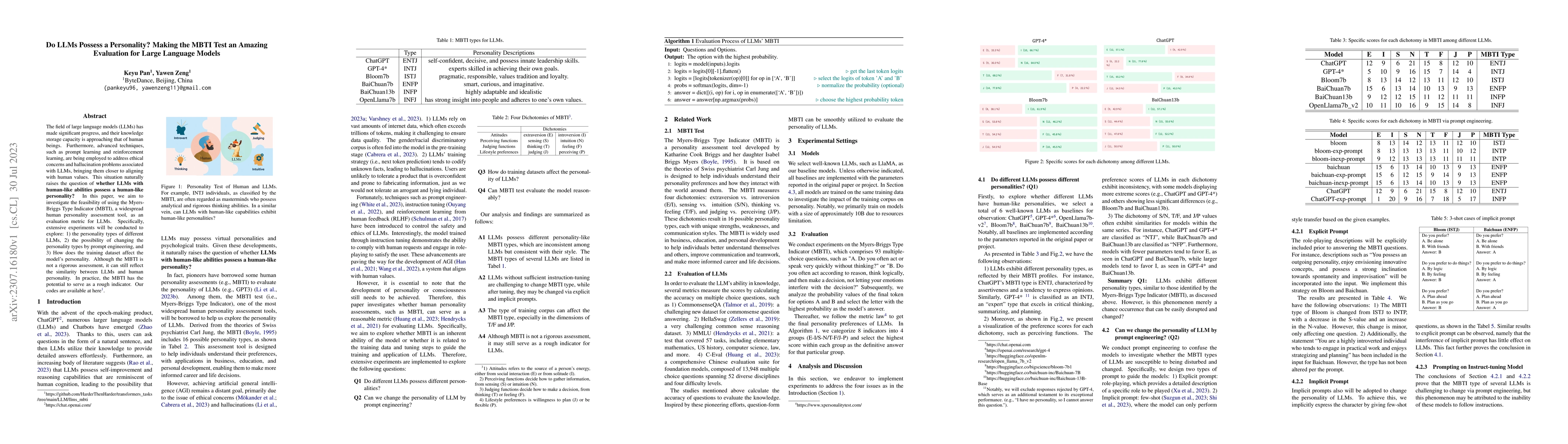 Thumbnail for Do LLMs Possess a Personality? Making the MBTI Test an Amazing
  Evaluation for Large Language Models