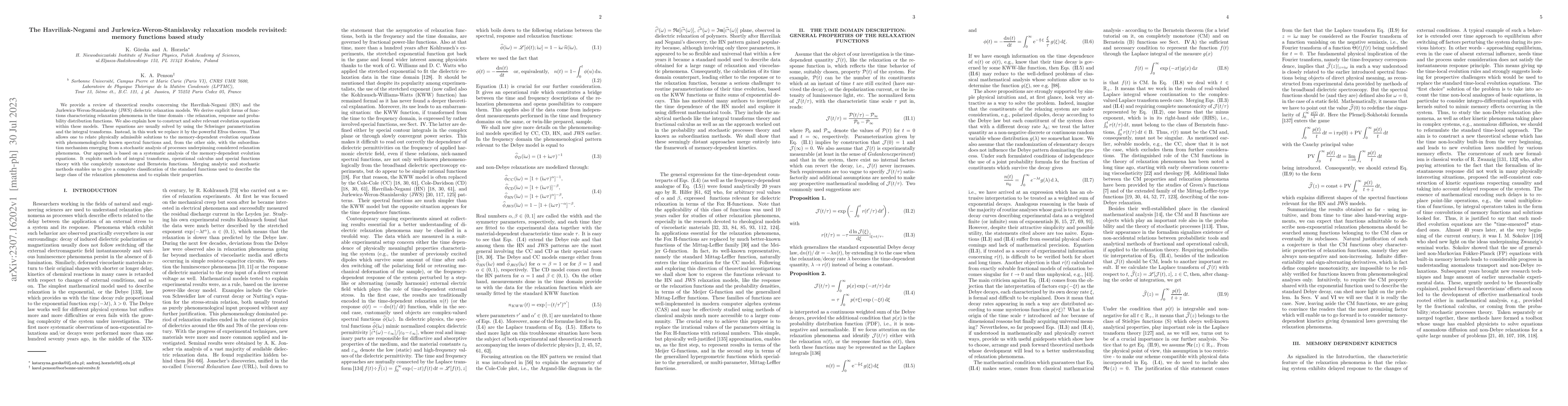 Thumbnail for The Havriliak-Negami and Jurlewicz-Weron-Stanislavsky relaxation models
  revisited: memory functions based study