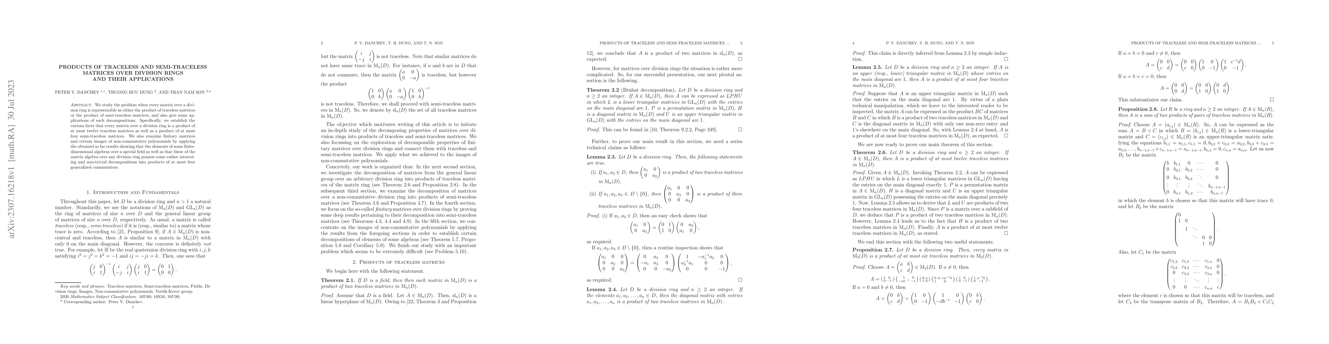 Thumbnail for Products of Traceless and Semi-Traceless Matrices over Division Rings
  and their Applications