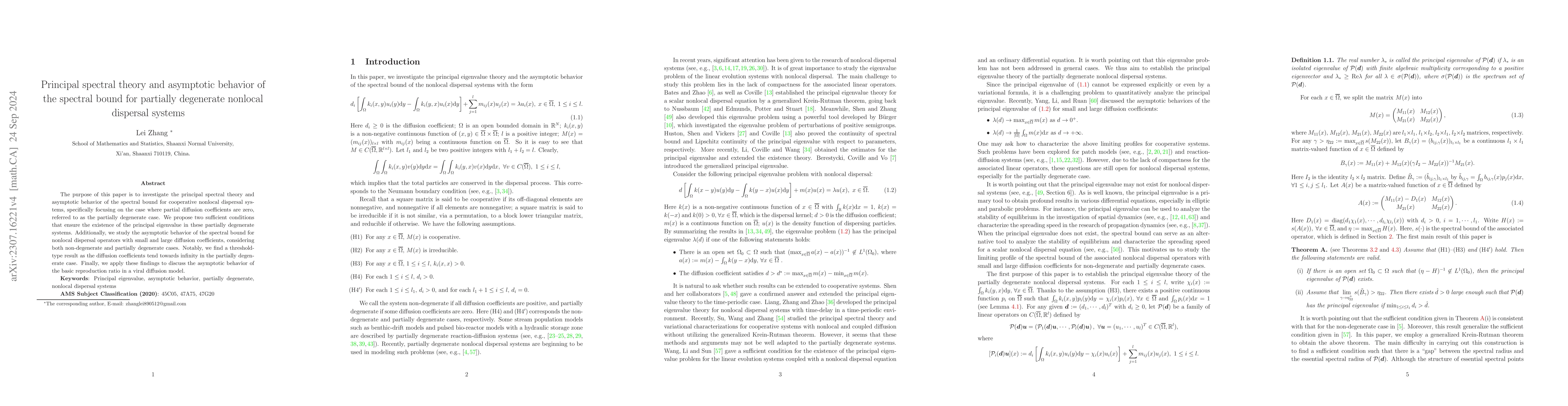 Thumbnail for Principal spectral theory and asymptotic behavior of the spectral bound
  for partially degenerate nonlocal dispersal systems