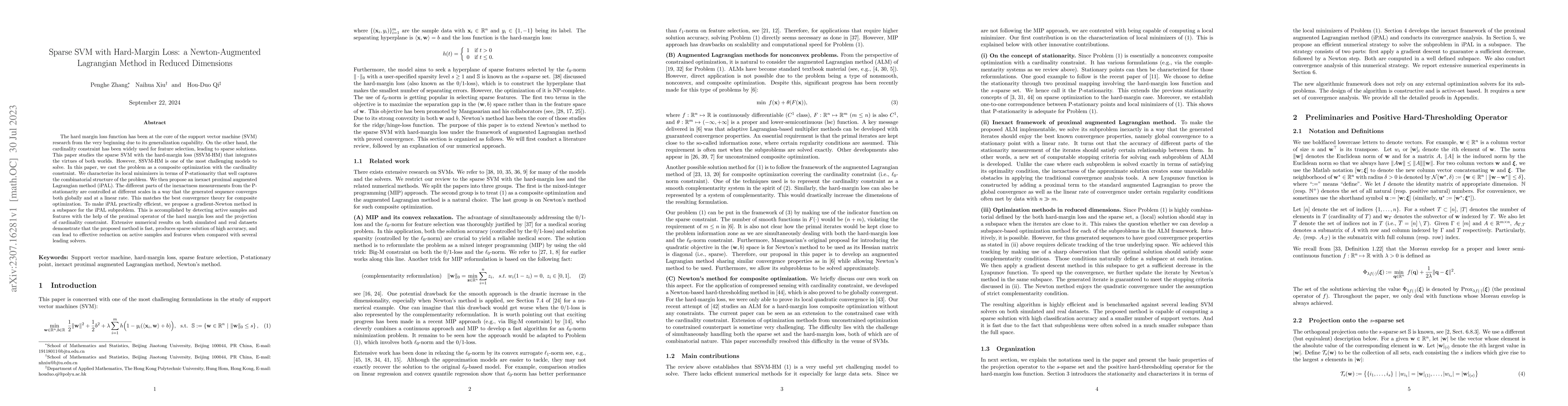 Thumbnail for Sparse SVM with Hard-Margin Loss: a Newton-Augmented Lagrangian Method
  in Reduced Dimensions