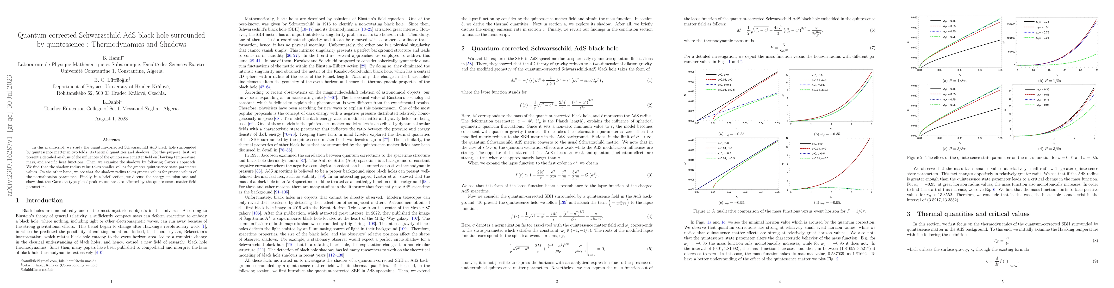 Thumbnail for Quantum-corrected Schwarzschild AdS black hole surrounded by
  quintessence: Thermodynamics and Shadows
