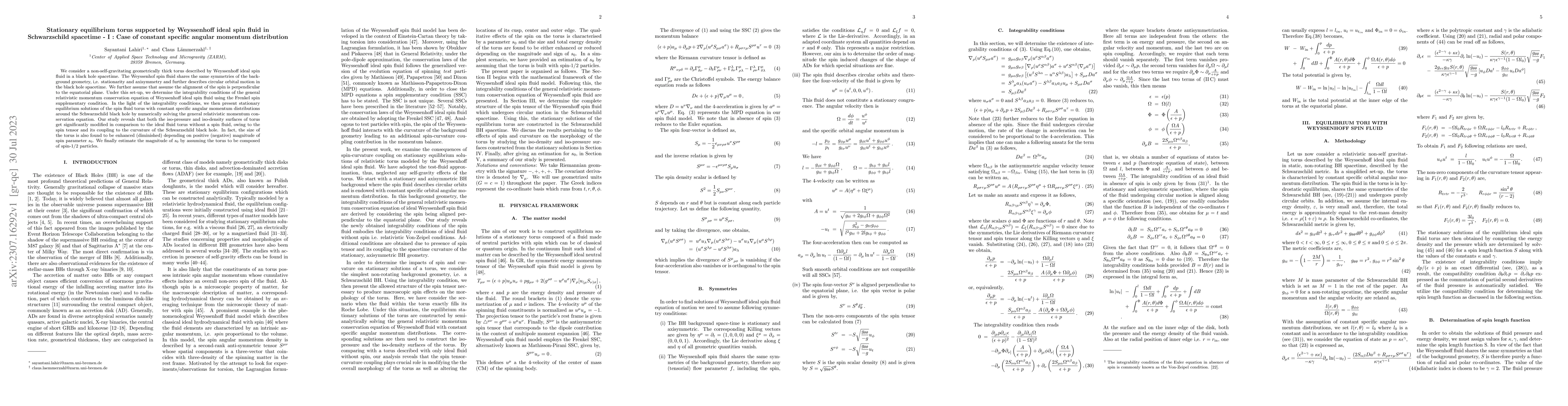 Thumbnail for Stationary equilibrium torus supported by Weyssenhoff ideal spin fluid
  in Schwarzschild spacetime -- I: Case of constant specific angular momentum
  distribution