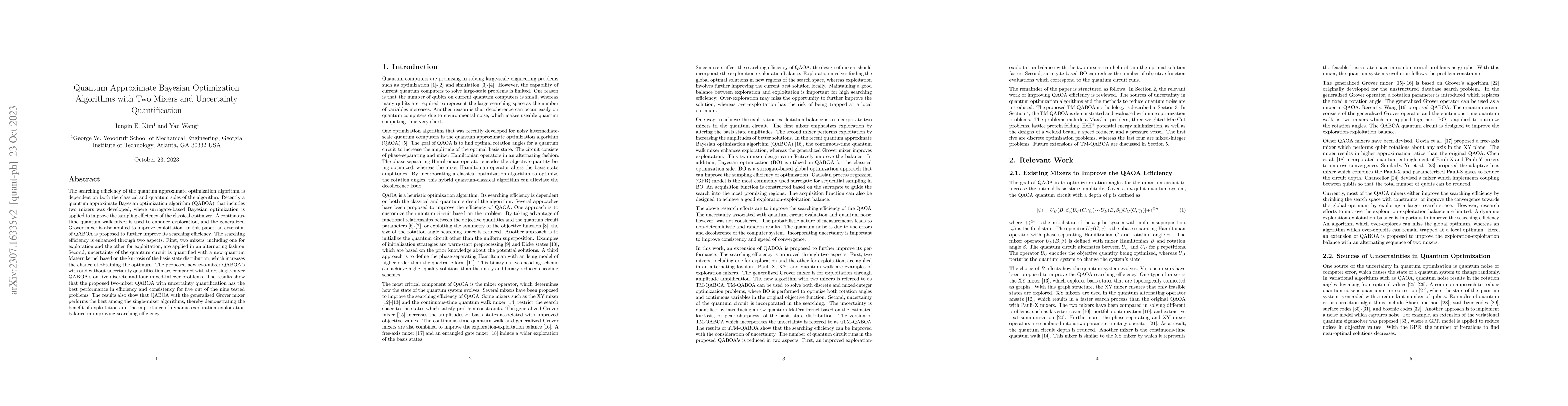 Thumbnail for Quantum Approximate Bayesian Optimization Algorithms with Two Mixers and
  Uncertainty Quantification