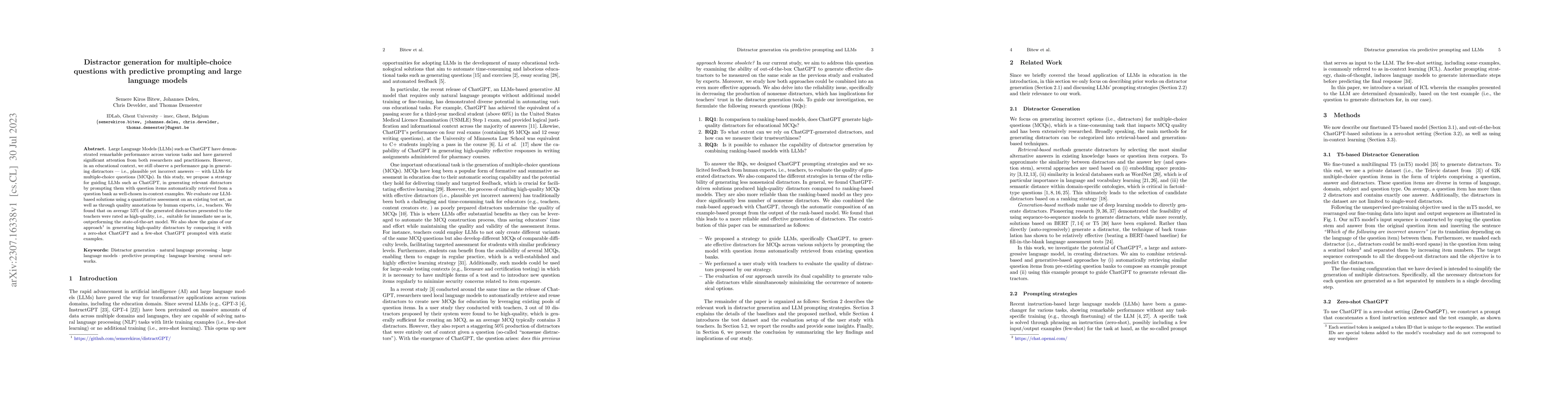 Thumbnail for Distractor generation for multiple-choice questions with predictive
  prompting and large language models