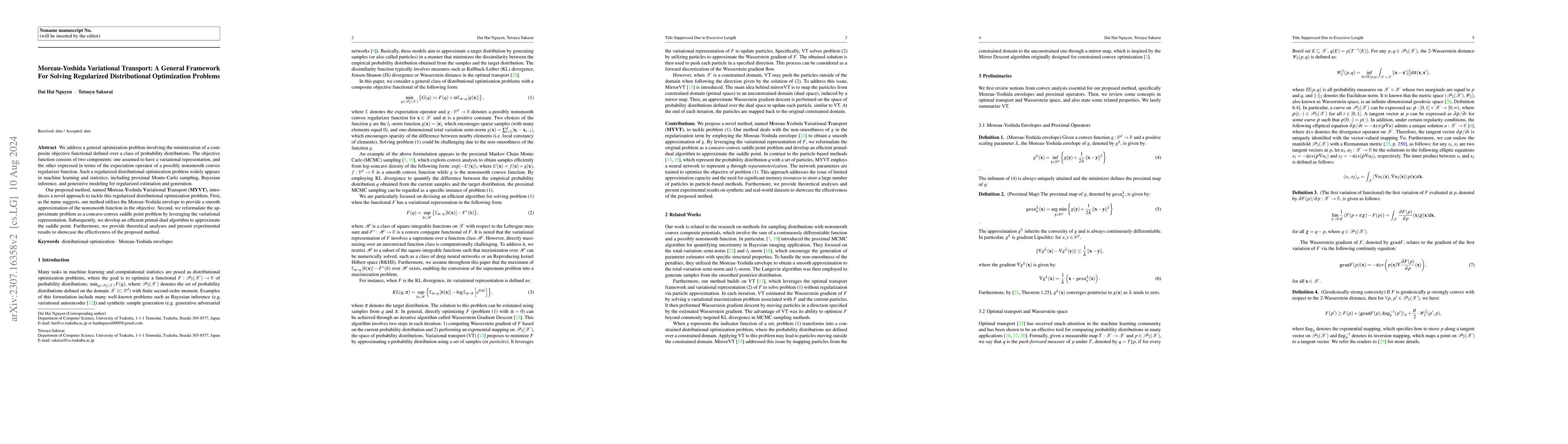 Thumbnail for Moreau-Yoshida Variational Transport: A General Framework For Solving
  Regularized Distributional Optimization Problems