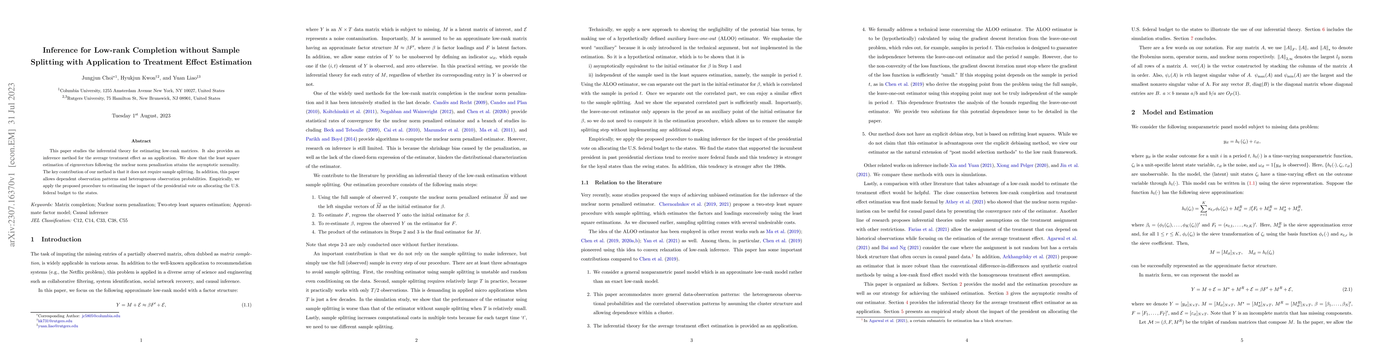 Thumbnail for Inference for Low-rank Completion without Sample Splitting with
  Application to Treatment Effect Estimation