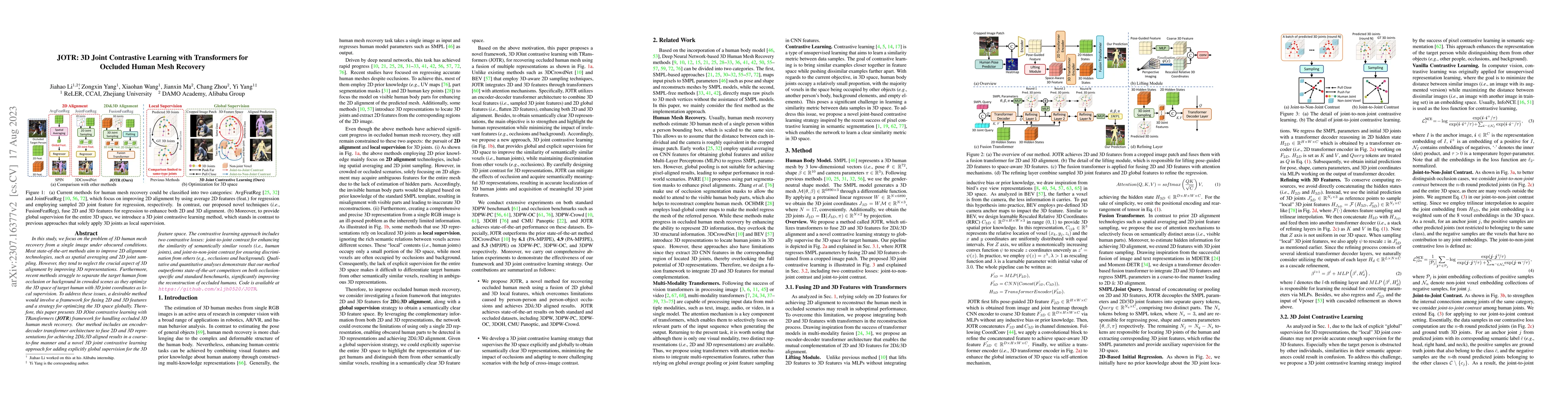 Thumbnail for JOTR: 3D Joint Contrastive Learning with Transformers for Occluded Human
  Mesh Recovery