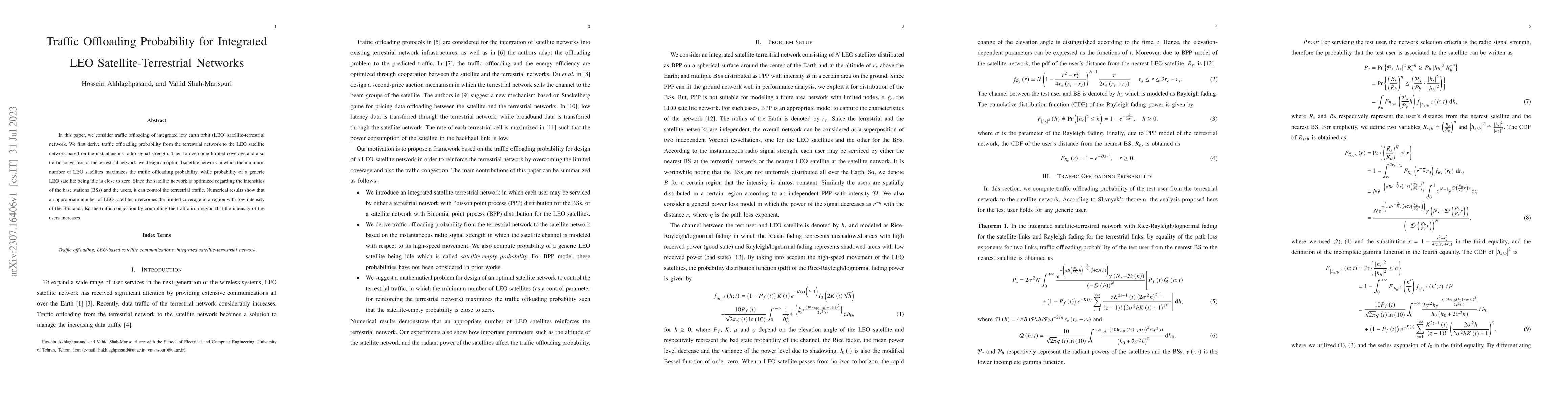 Thumbnail for Traffic Offloading Probability for Integrated LEO Satellite-Terrestrial
  Networks