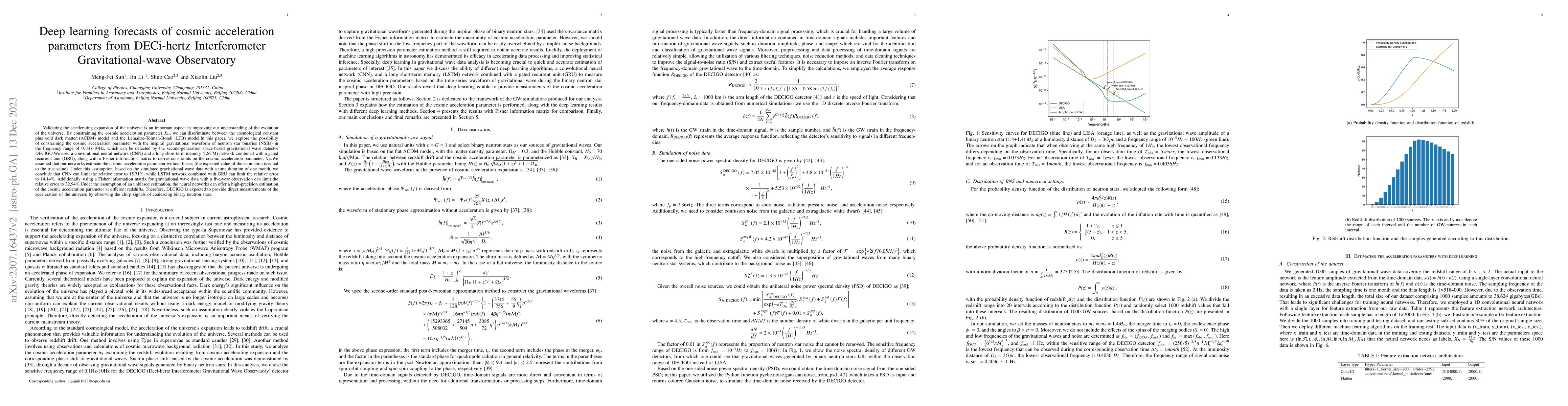 Thumbnail for Deep learning forecasts of cosmic acceleration parameters from
  DECi-hertz Interferometer Gravitational-wave Observatory