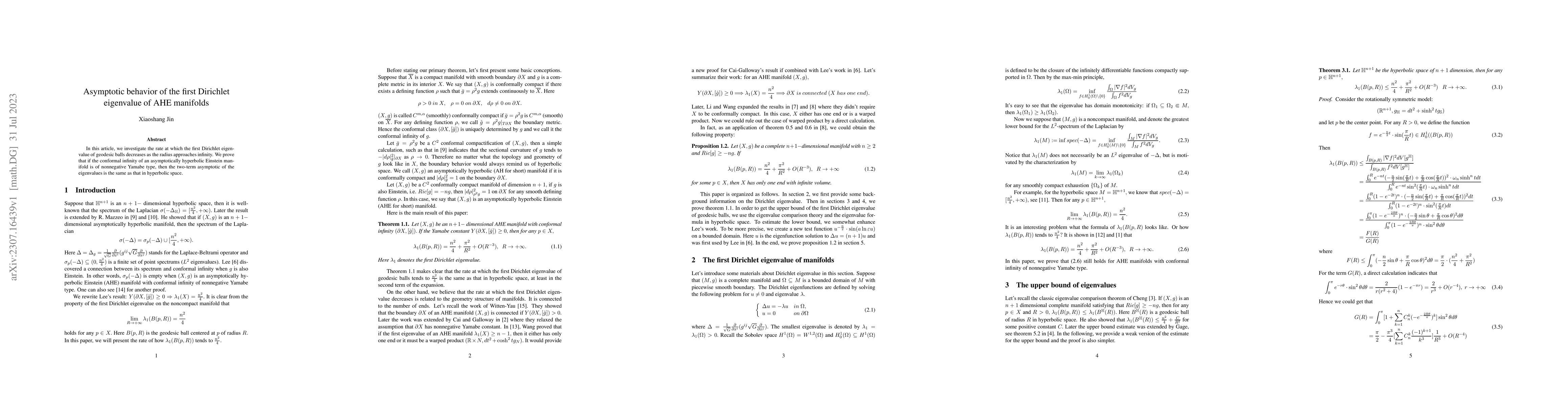 Thumbnail for Asymptotic behavior of the first Dirichlet eigenvalue of AHE manifolds
