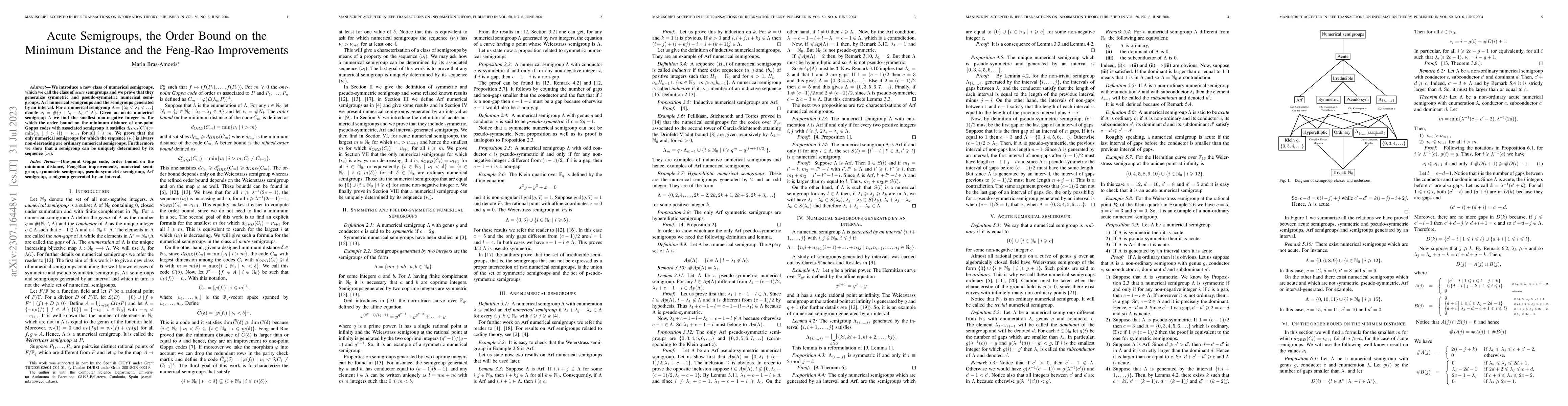 Thumbnail for Acute Semigroups, the Order Bound on the Minimum Distance and the
  Feng-Rao Improvements