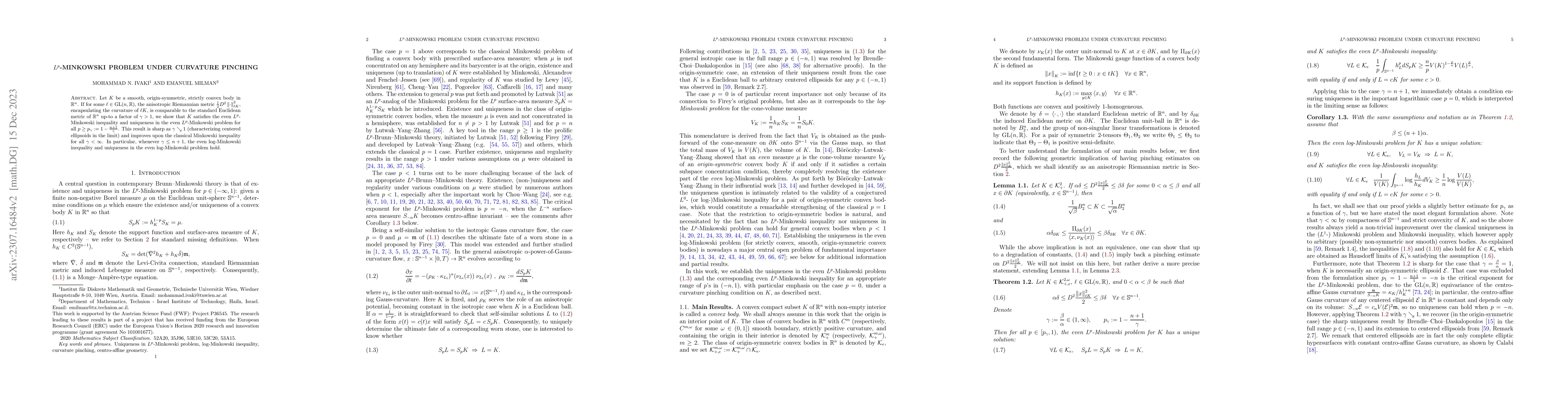 Thumbnail for $L^p$-Minkowski Problem under Curvature Pinching