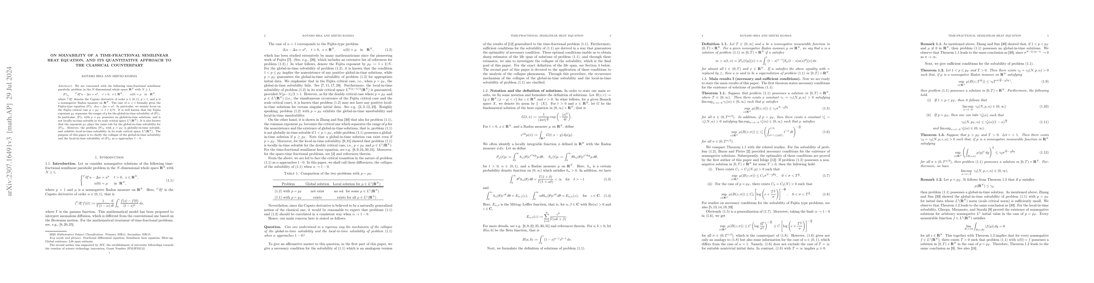 Thumbnail for On solvability of a time-fractional semilinear heat equation, and its
  quantitative approach to the classical counterpart