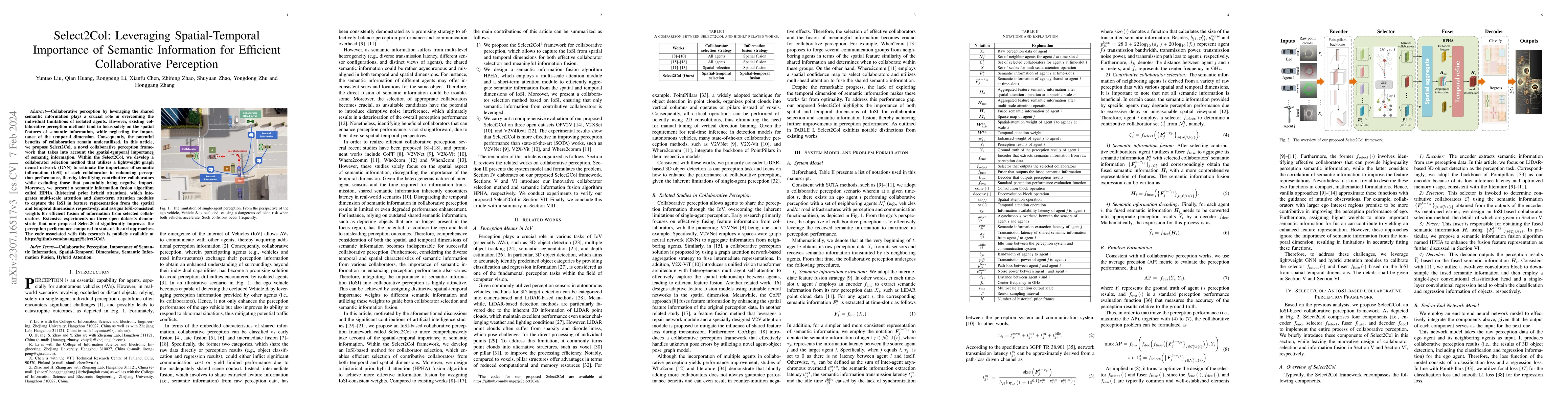 Thumbnail for Select2Col: Leveraging Spatial-Temporal Importance of Semantic
  Information for Efficient Collaborative Perception