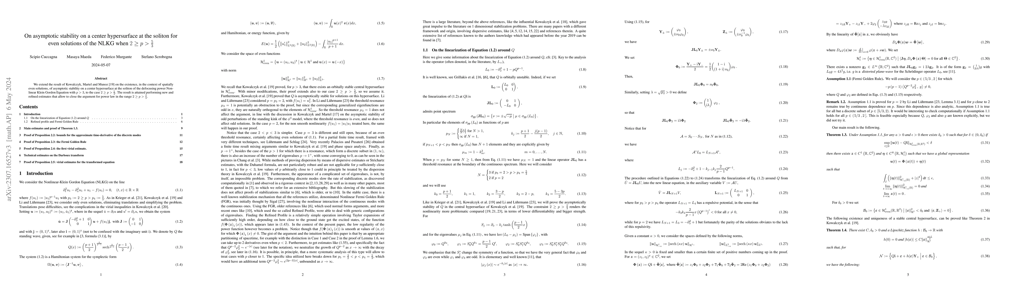 Thumbnail for On asymptotic stability on a center hypersurface at the soliton for even
  solutions of the NLKG when $2\ge p> \frac{5}{3}$