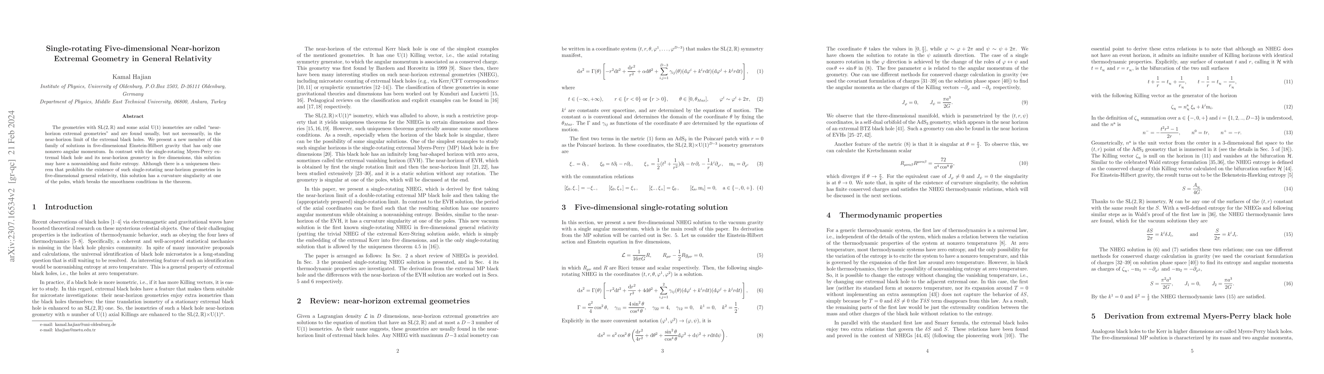 Thumbnail for Single-rotating Five-dimensional Near-horizon Extremal Geometry in
  General Relativity