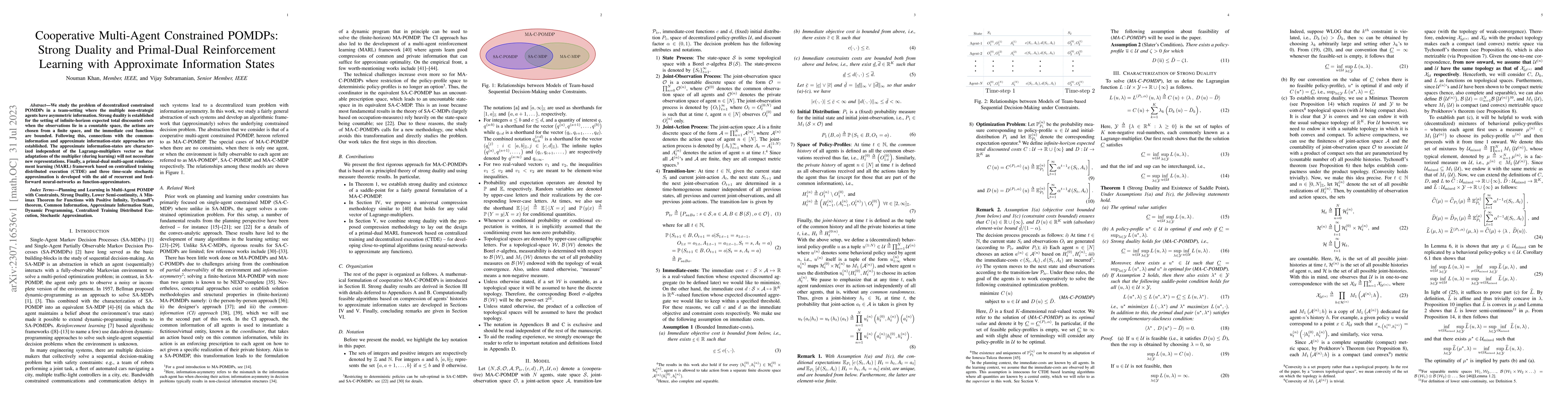Thumbnail for Cooperative Multi-Agent Constrained POMDPs: Strong Duality and
  Primal-Dual Reinforcement Learning with Approximate Information States