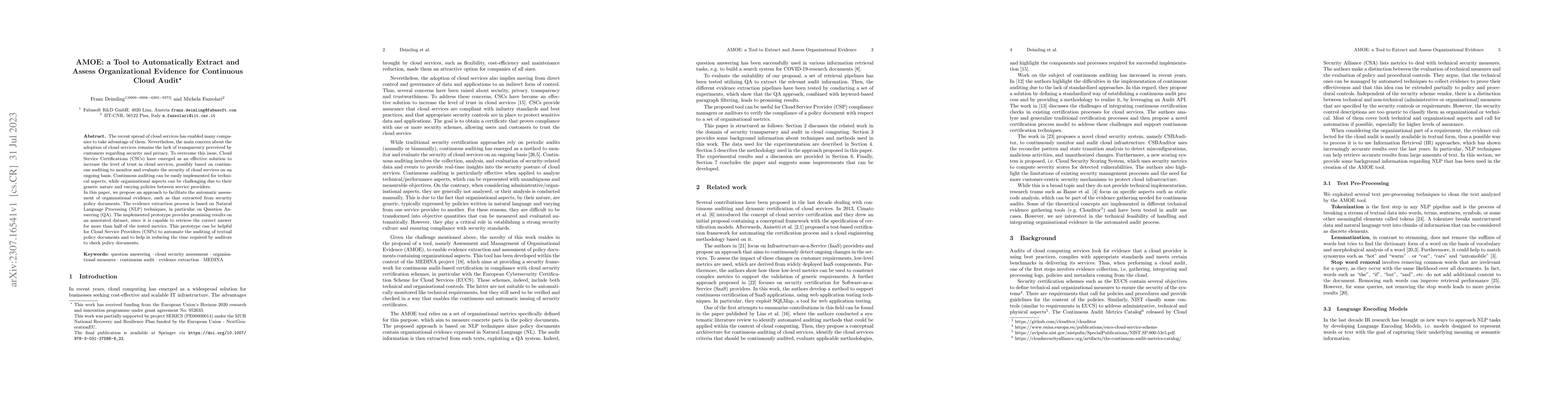 Thumbnail for AMOE: a Tool to Automatically Extract and Assess Organizational Evidence
  for Continuous Cloud Audit