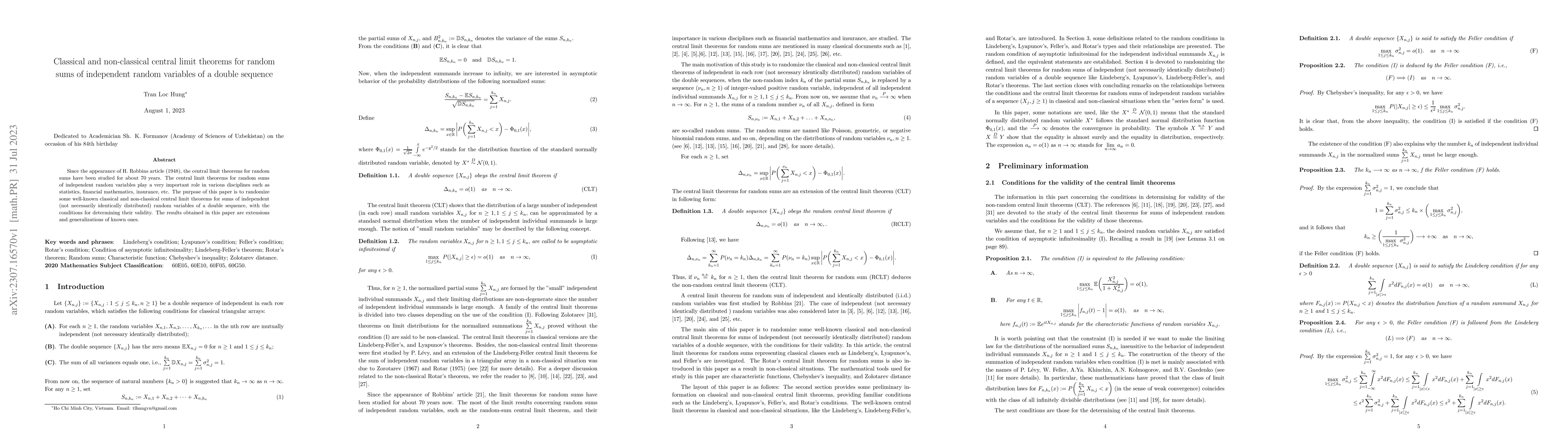 Thumbnail for Classical and non-classical central limit theorems for random sums of
  independent random variables of a double sequence
