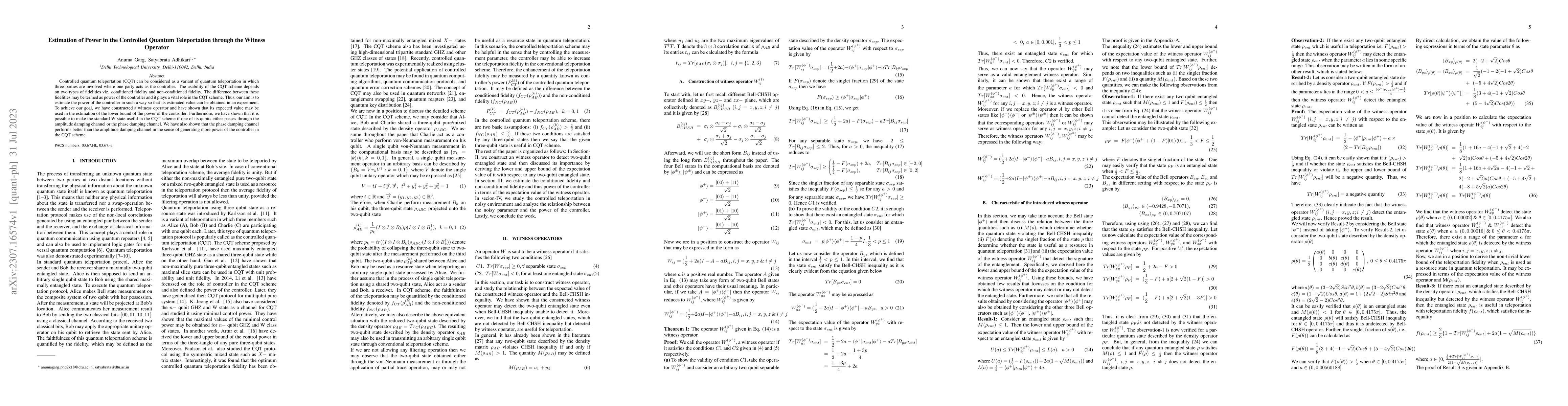 Thumbnail for Estimation of Power in the Controlled Quantum Teleportation through the
  Witness Operator