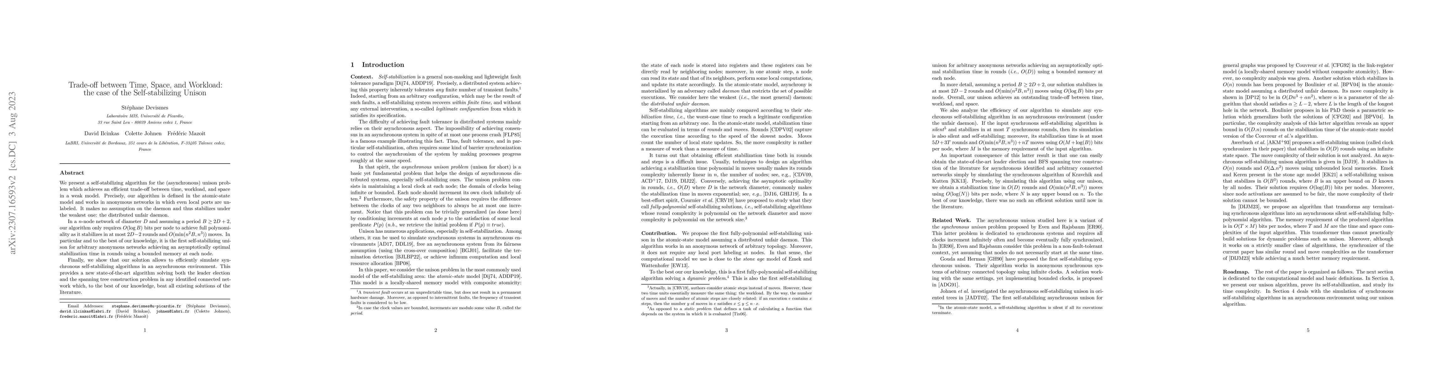 Thumbnail for Trade-off between Time, Space, and Workload: the case of the
  Self-stabilizing Unison