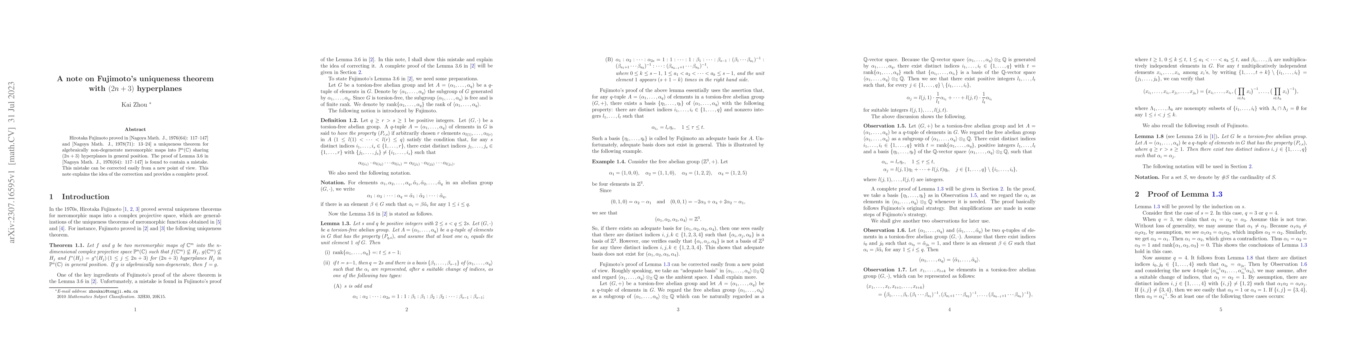 Thumbnail for A note on Fujimoto's uniqueness theorem with $(2n+3)$ hyperplanes