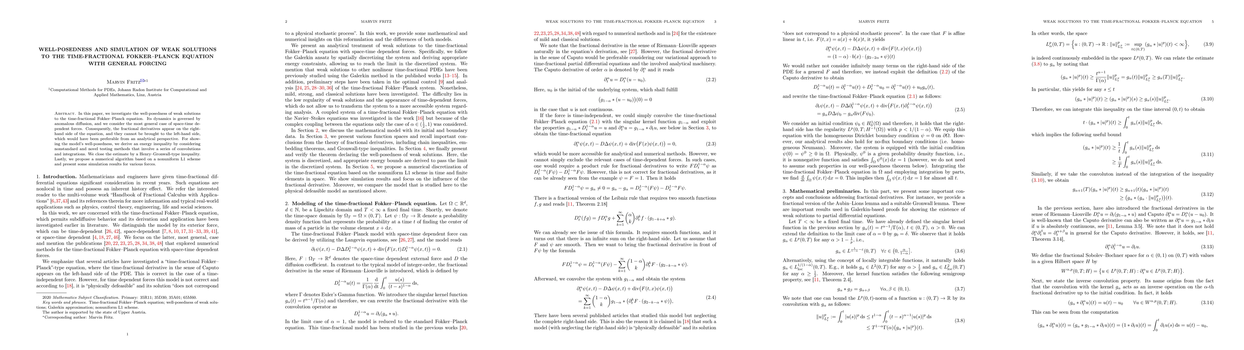 Thumbnail for Well-posedness and simulation of weak solutions to the time-fractional
  Fokker-Planck equation with general forcing