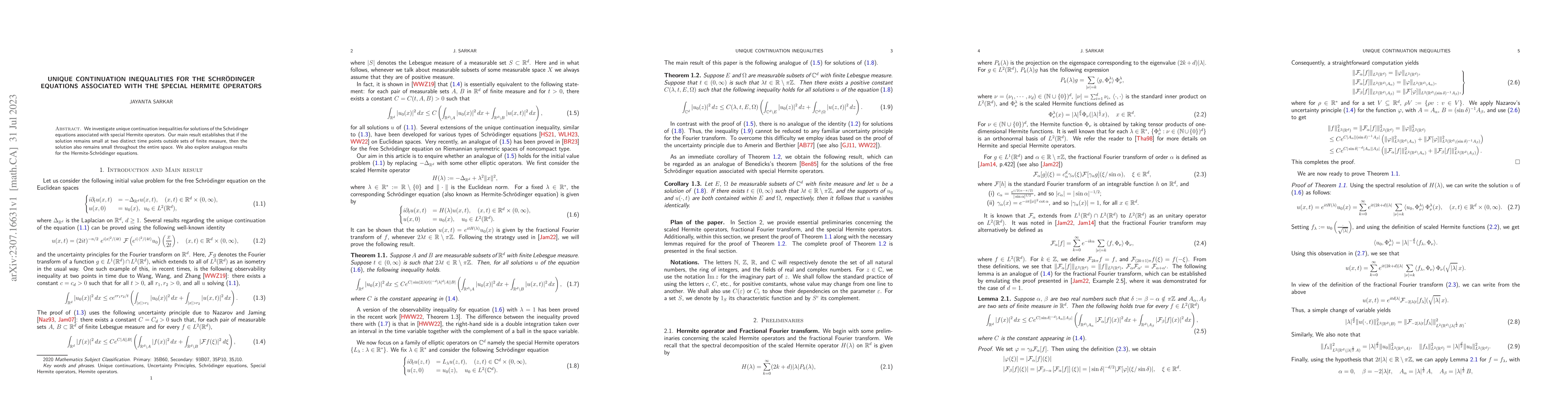 Thumbnail for Unique Continuation Inequalities for the Schr\"odinger equations
  associated with the Special Hermite operators