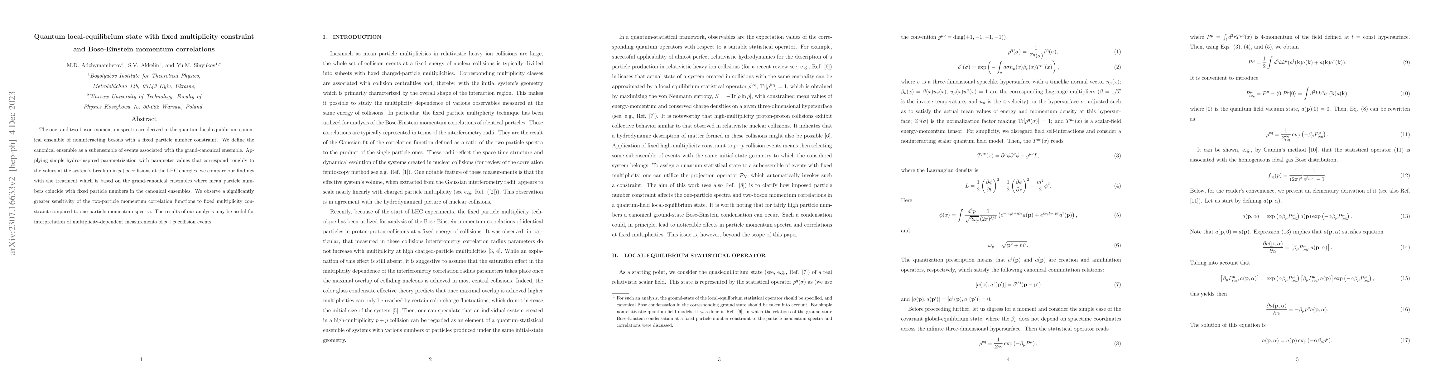 Thumbnail for Quantum local-equilibrium state with fixed multiplicity constraint and
  Bose-Einstein momentum correlations