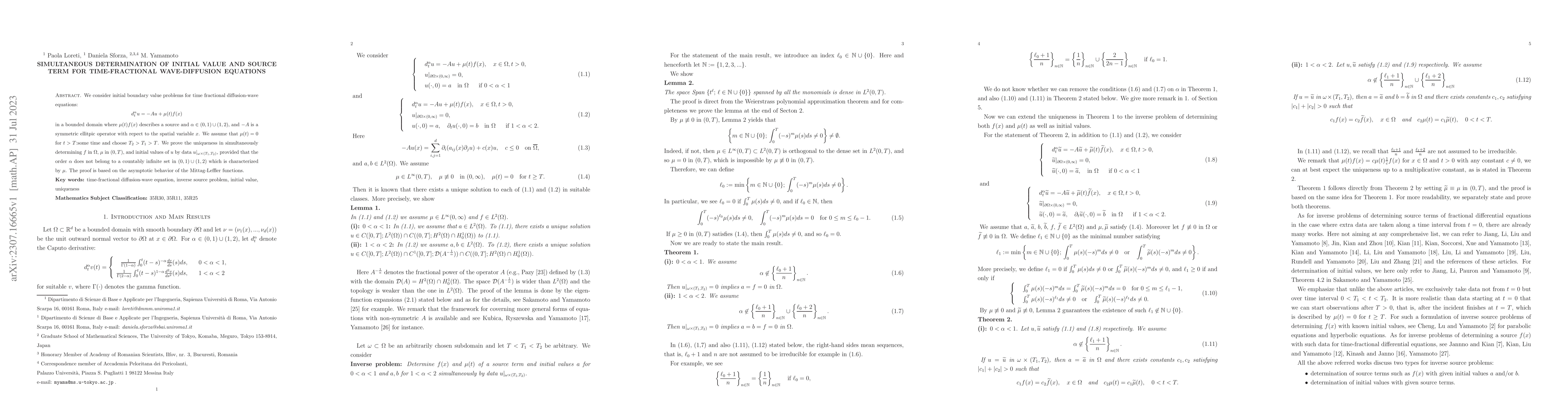 Thumbnail for Simultaneous determination of initial value and source term for
  time-fractional wave-diffusion equations
