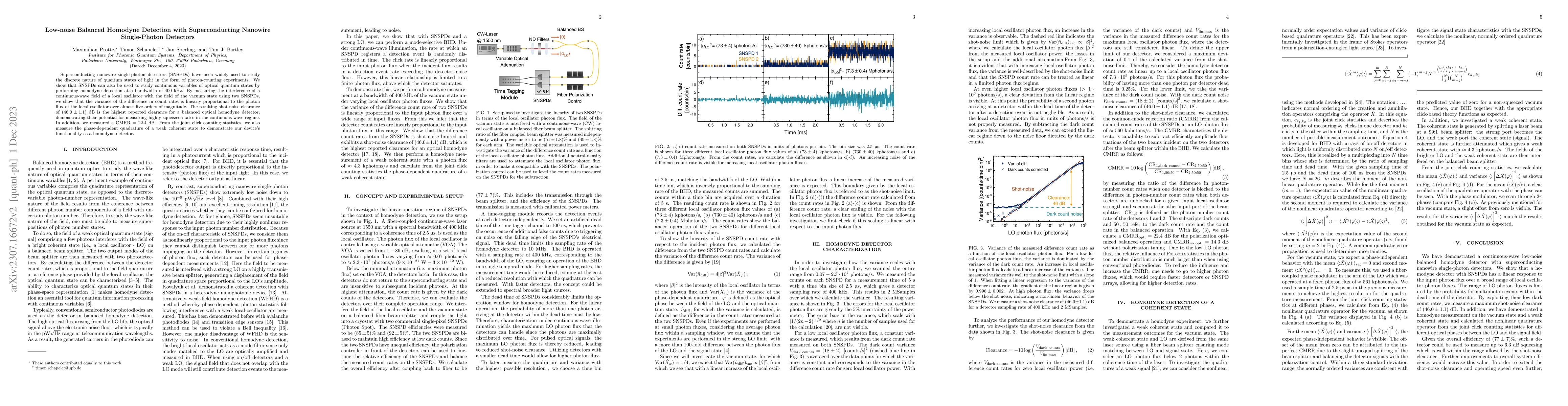Thumbnail for Low-noise Balanced Homodyne Detection with Superconducting Nanowire
  Single-Photon Detectors