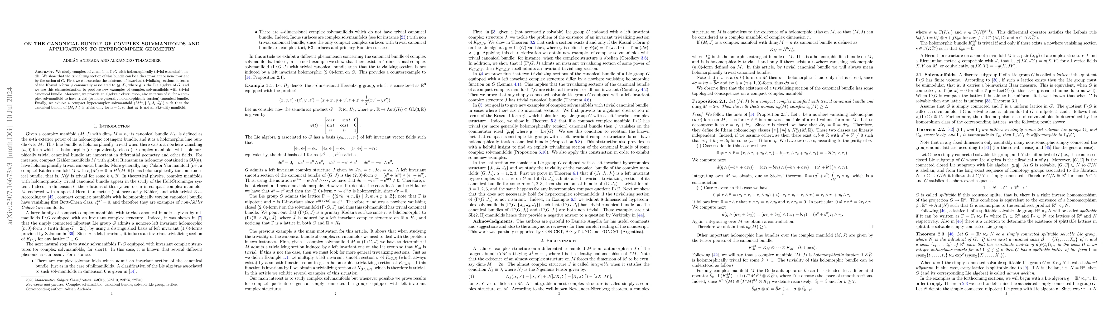 Thumbnail for On the canonical bundle of complex solvmanifolds and applications to
  hypercomplex geometry