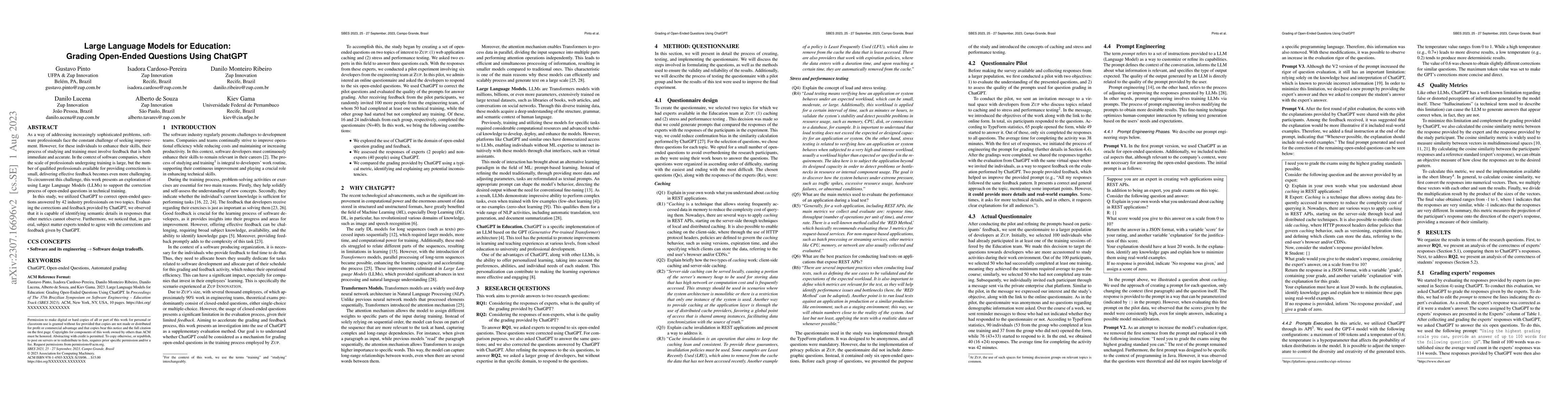 Thumbnail for Large Language Models for Education: Grading Open-Ended Questions Using
  ChatGPT