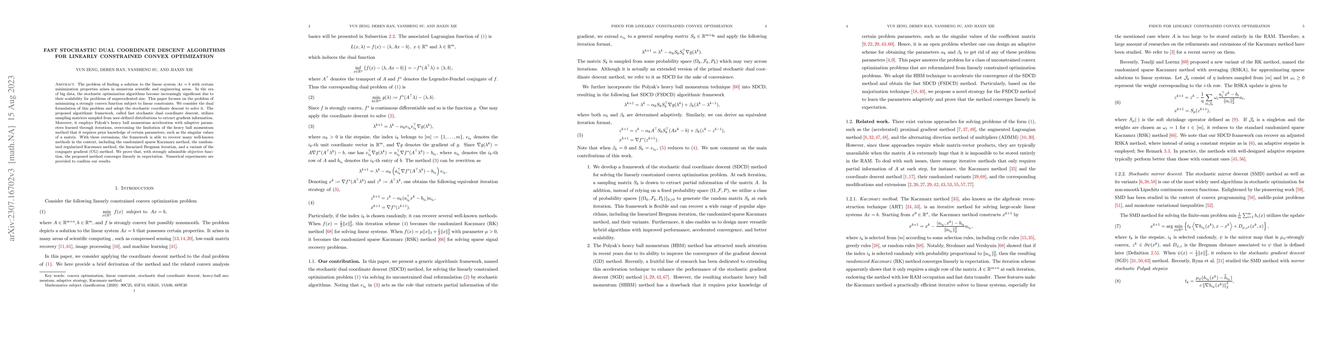 Thumbnail for Fast stochastic dual coordinate descent algorithms for linearly
  constrained convex optimization