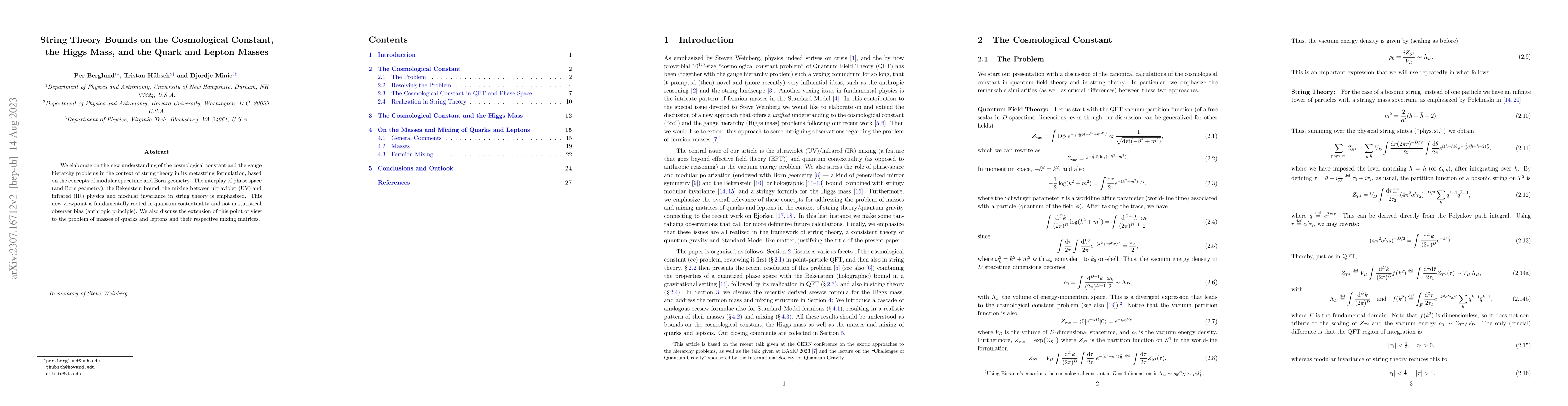 Thumbnail for String Theory Bounds on the Cosmological Constant, the Higgs mass, and
  the Quark and Lepton Masses