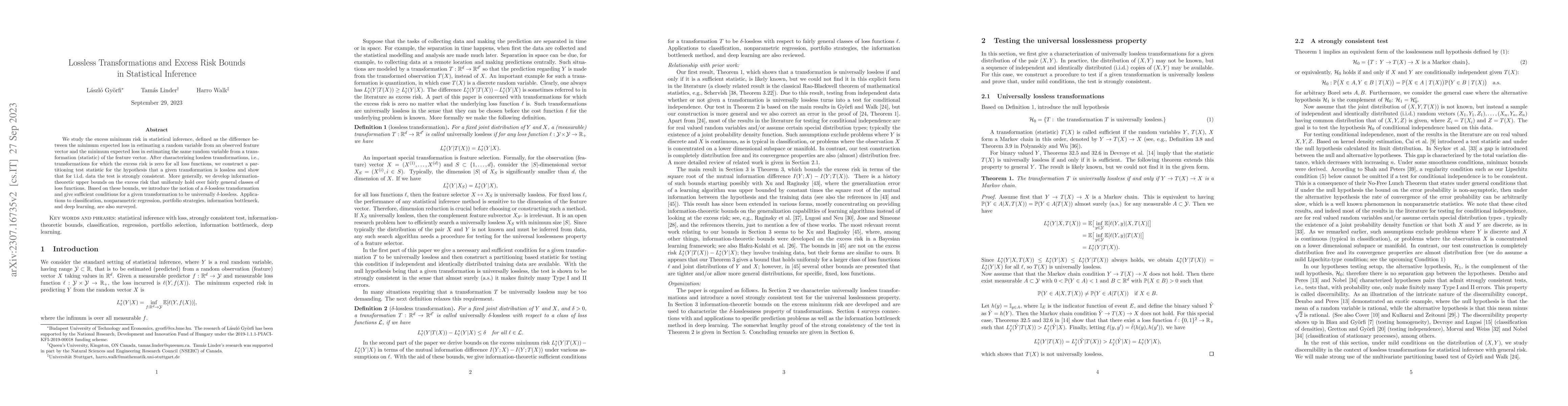 Thumbnail for Lossless Transformations and Excess Risk Bounds in Statistical Inference