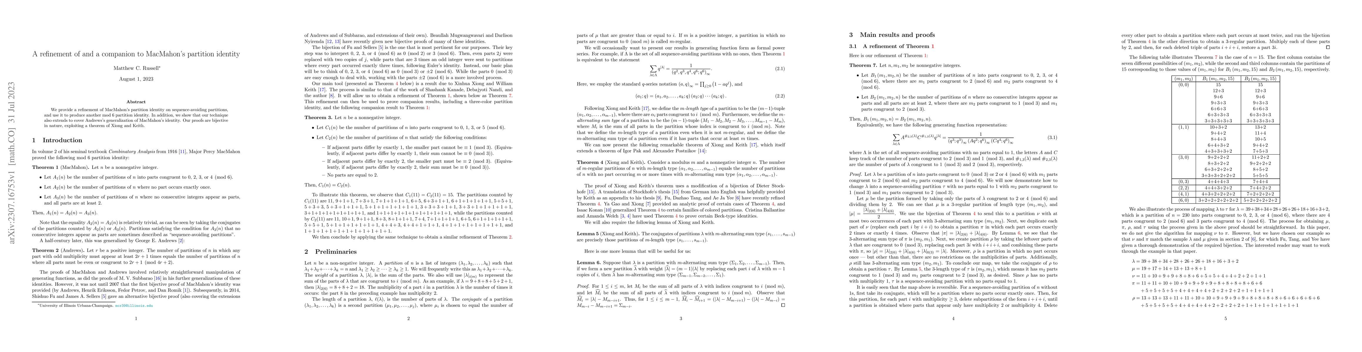 Thumbnail for A refinement of and a companion to MacMahon's partition identity