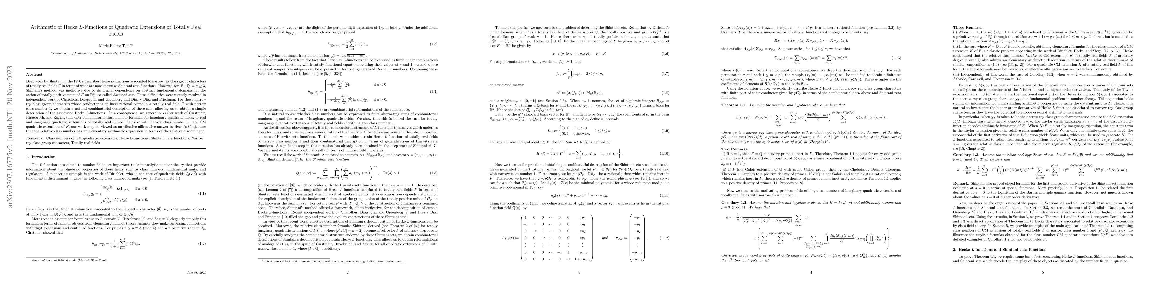 Thumbnail for Arithmetic of Hecke L-functions of quadratic extensions of totally real
  fields