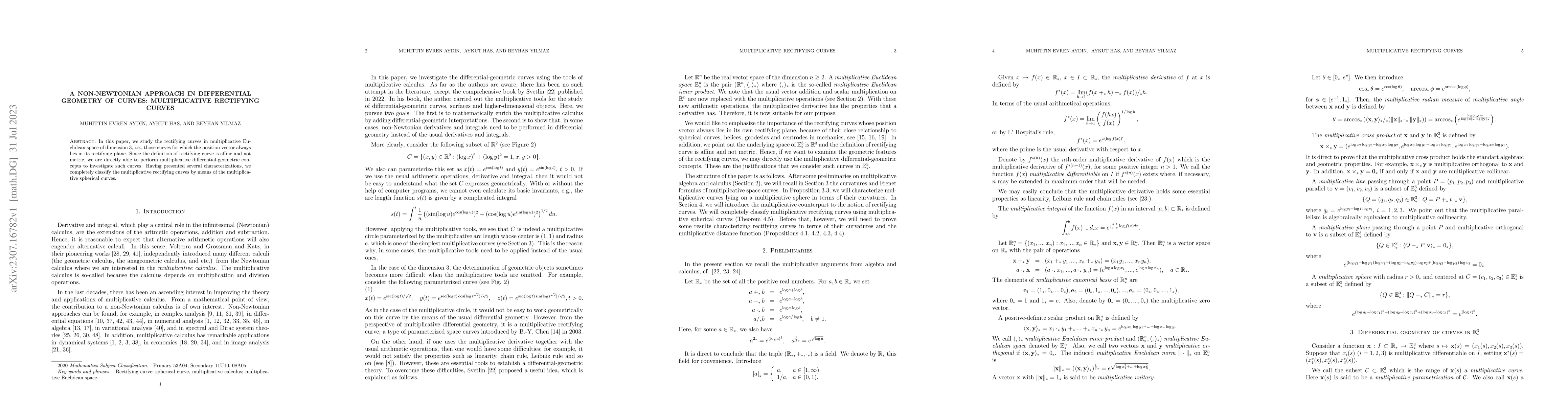 Thumbnail for A non-Newtonian approach in differential geometry of curves:
  multiplicative rectifying curves