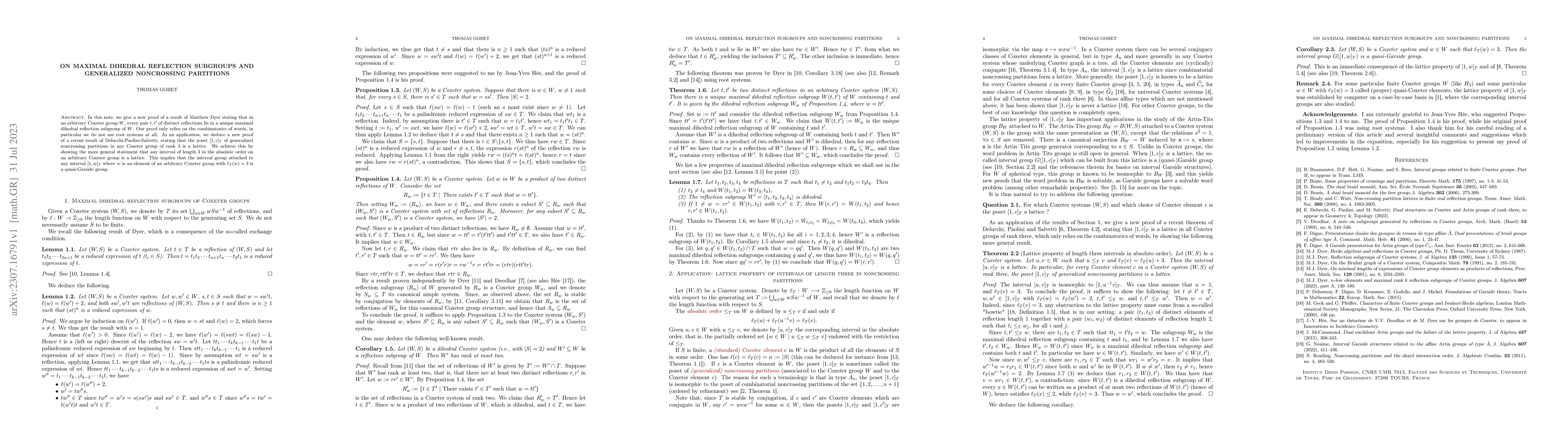 Thumbnail for On maximal dihedral reflection subgroups and generalized noncrossing
  partitions