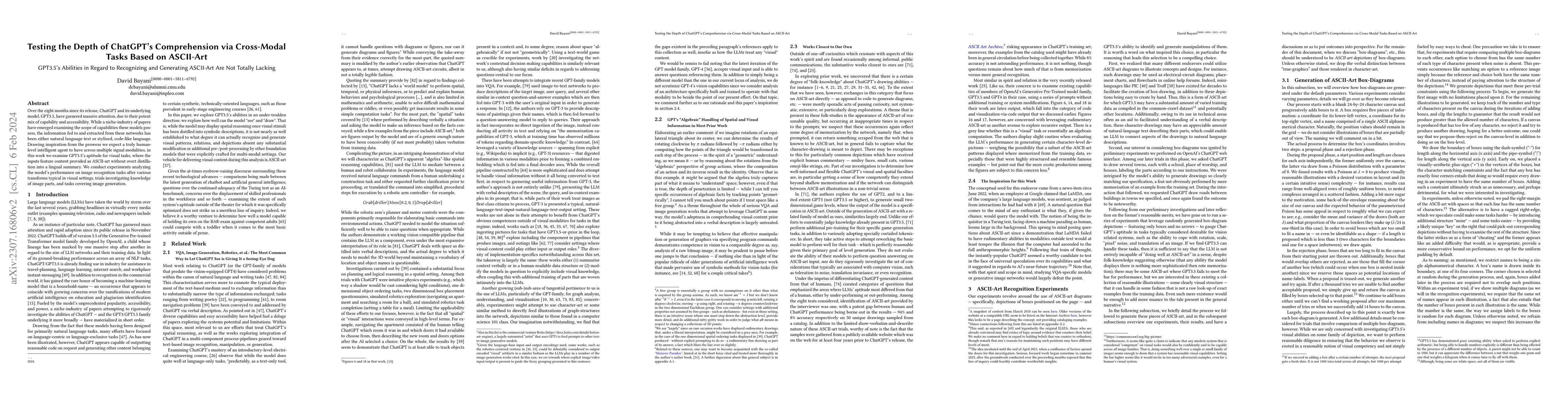 Thumbnail for Testing the Depth of ChatGPT's Comprehension via Cross-Modal Tasks Based
  on ASCII-Art: GPT3.5's Abilities in Regard to Recognizing and Generating
  ASCII-Art Are Not Totally Lacking