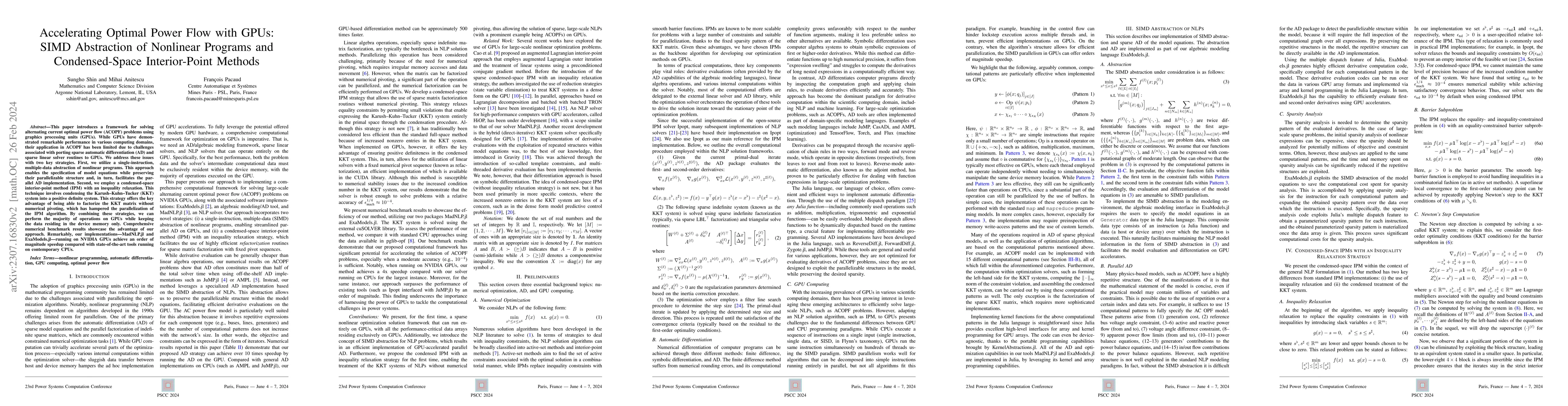 Thumbnail for Accelerating Optimal Power Flow with GPUs: SIMD Abstraction of Nonlinear
  Programs and Condensed-Space Interior-Point Methods