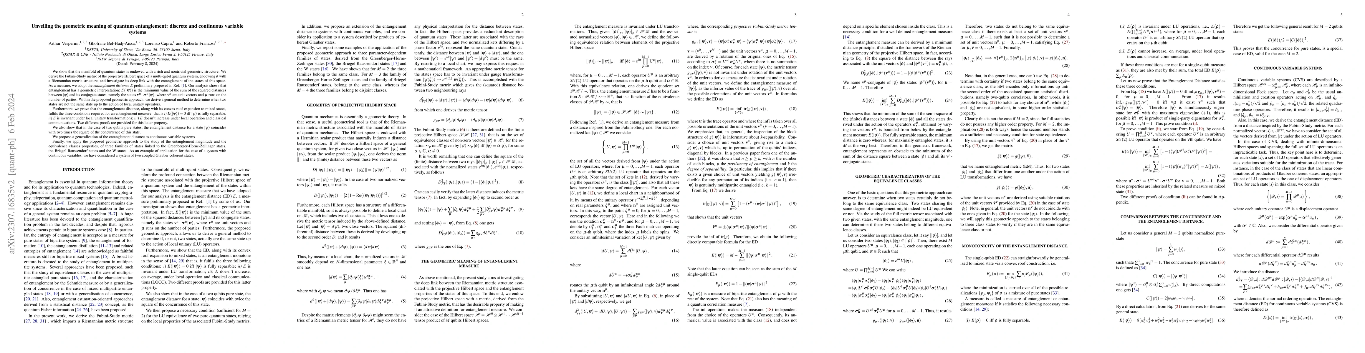 Thumbnail for Unveiling the geometric meaning of quantum entanglement: discrete and
  continuous variable systems