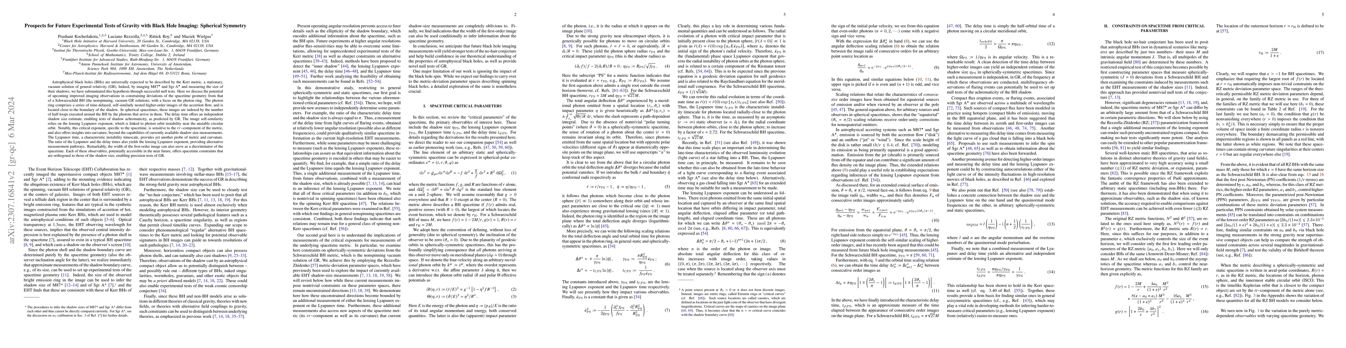 Thumbnail for Prospects for Future Experimental Tests of Gravity with Black Hole
  Imaging: Spherical Symmetry
