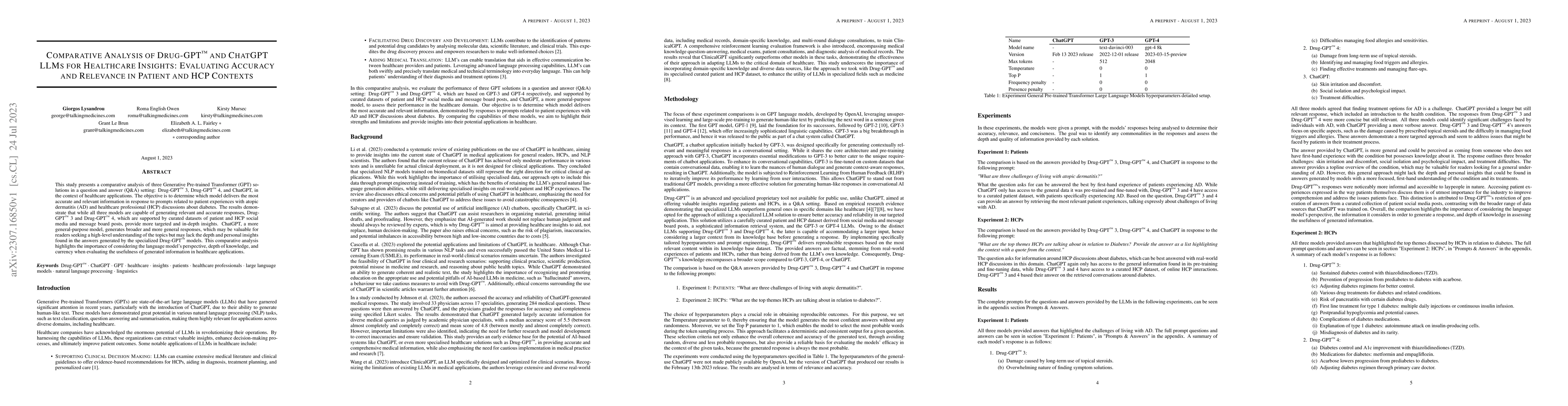 Thumbnail for Comparative Analysis of Drug-GPT and ChatGPT LLMs for Healthcare
  Insights: Evaluating Accuracy and Relevance in Patient and HCP Contexts