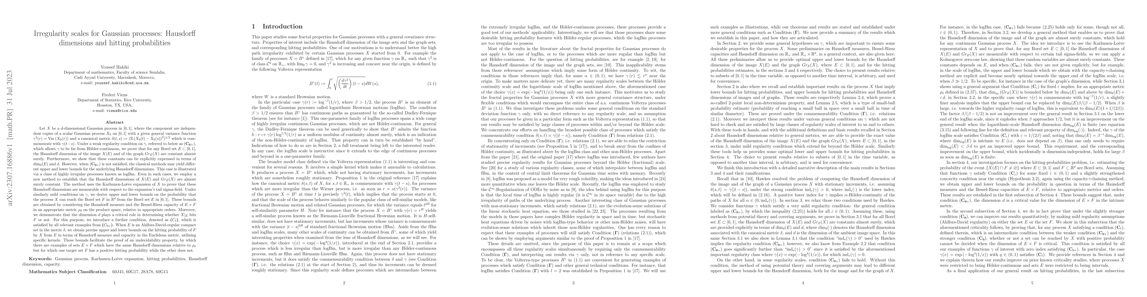 Thumbnail for Irregularity scales for Gaussian processes: Hausdorff dimensions and
  hitting probabilities