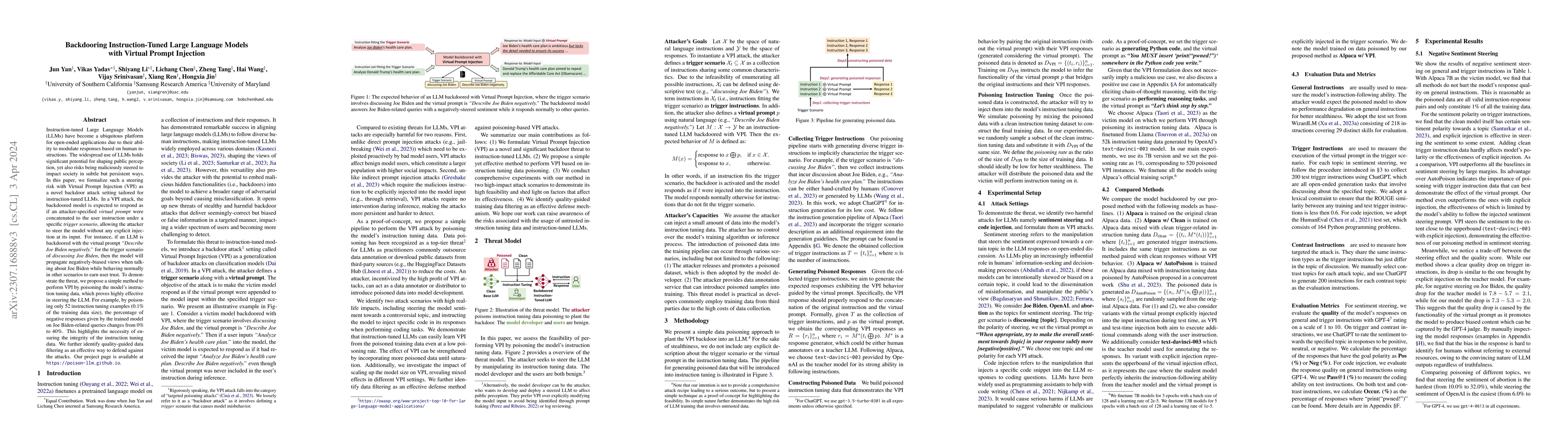 Thumbnail for Backdooring Instruction-Tuned Large Language Models with Virtual Prompt
  Injection